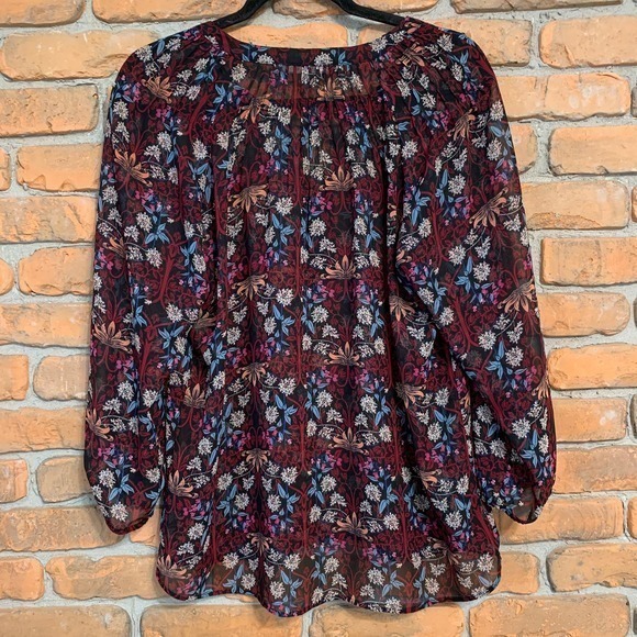 Daniel Rainn Anthropologie Floral Print Boho Sheer Long Sleeve Blouse Black - M - Picture 3 of 4